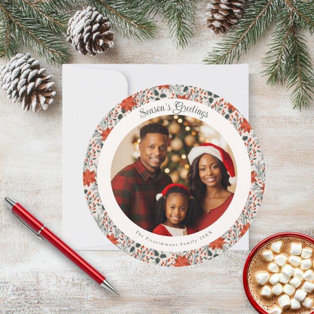 Klassiskt rött julfotoport kort (Poinsettia Season Circle Photo Christmas Card white)