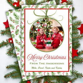 Klassiskt rött och Grönt Julprydnadsfoto Julkort