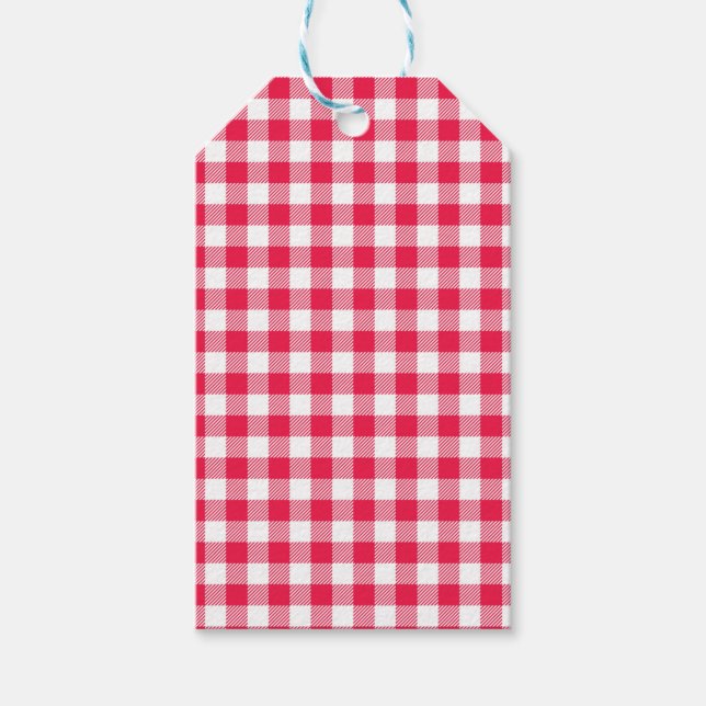 Klassiskt rött och vitt gingham-mönster rustikt presentetikett (Framsidan)