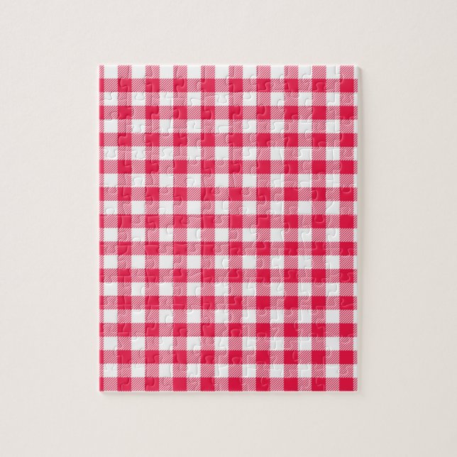 Klassiskt rött och vitt gingham-mönster rustikt pussel (Vertikal)