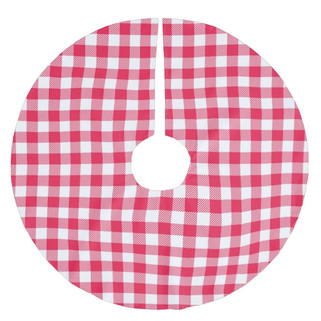 Klassiskt rött och vitt rutigt mönster rustikt julgransmatta borstad polyester (Framsidan)