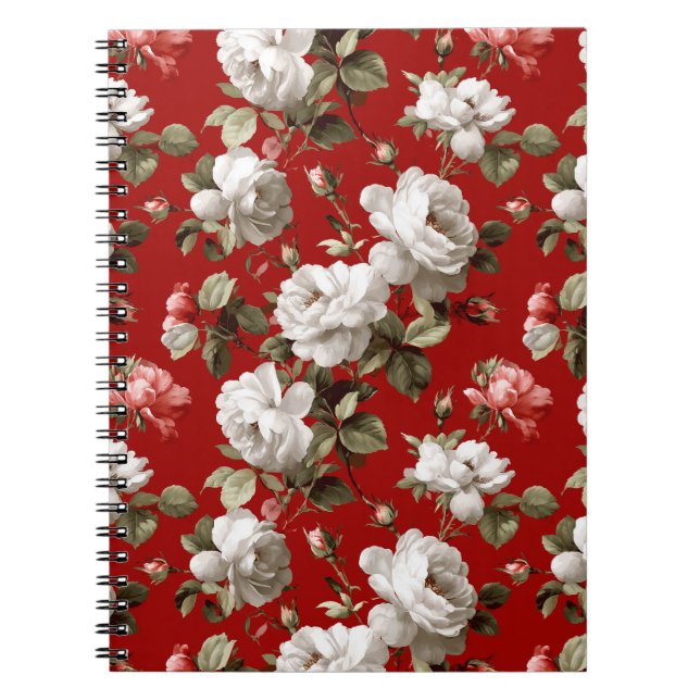 Klassiskt rött ros vitt blommigt mönster anteckningsbok (Framsidan)