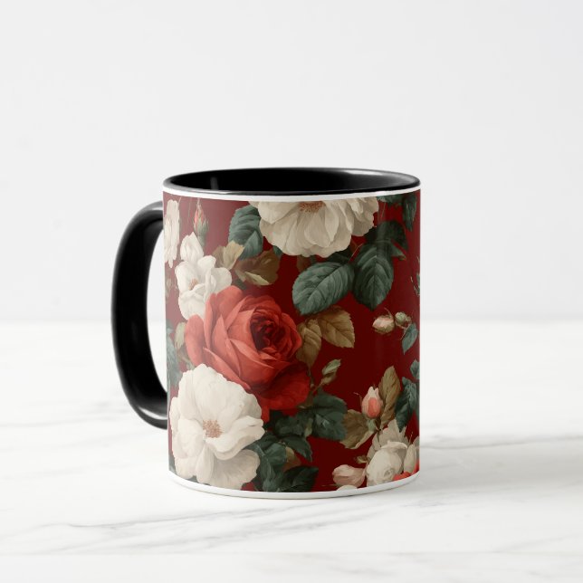 Klassiskt rött ros vitt blommigt mönster mugg (Framsida vänster)