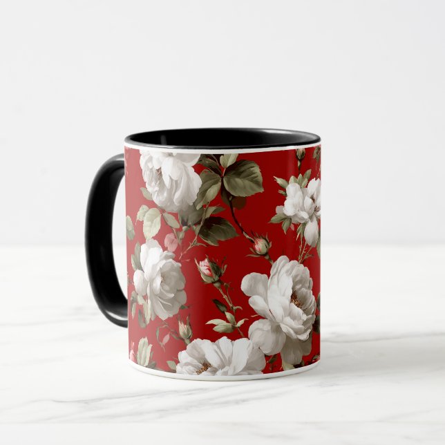 Klassiskt rött ros vitt blommigt mönster mugg (Framsida vänster)