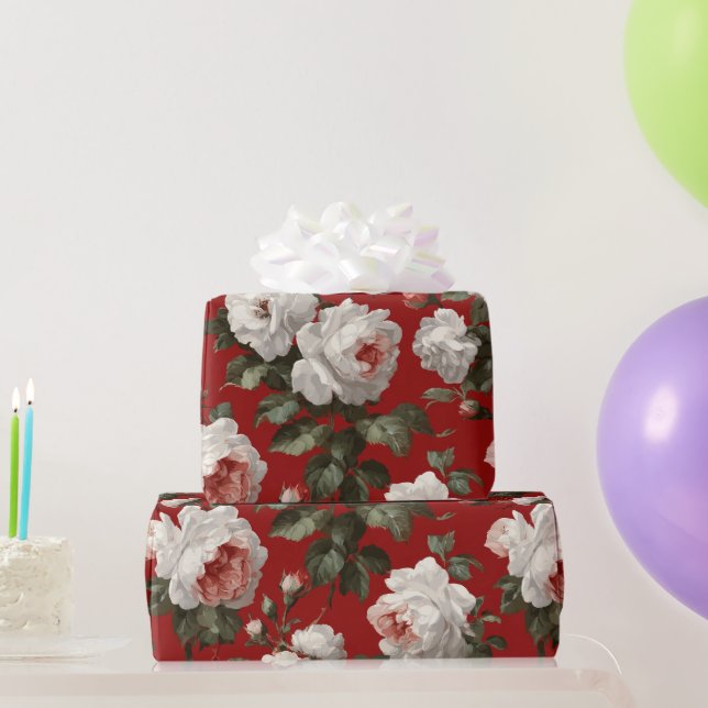 Klassiskt rött ros vitt blommigt mönster presentpapper (Festgåvor)