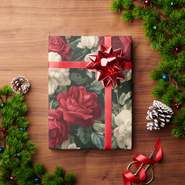 Klassiskt rött ros vitt blommigt mönster presentpapper (Julgåva)