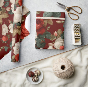 Klassiskt rött ros vitt blommigt mönster presentpapper