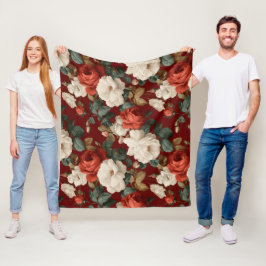 Klassiskt rött ros vitt blommönster fleecefilt