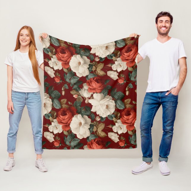 Klassiskt rött ros vitt blommönster fleecefilt (På plats)