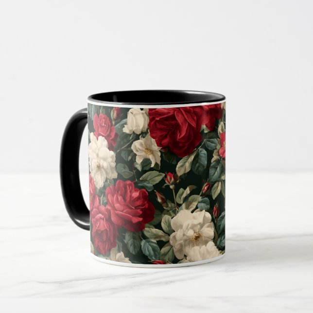 Klassiskt rött ros vitt blommönster mugg (Framsida vänster)