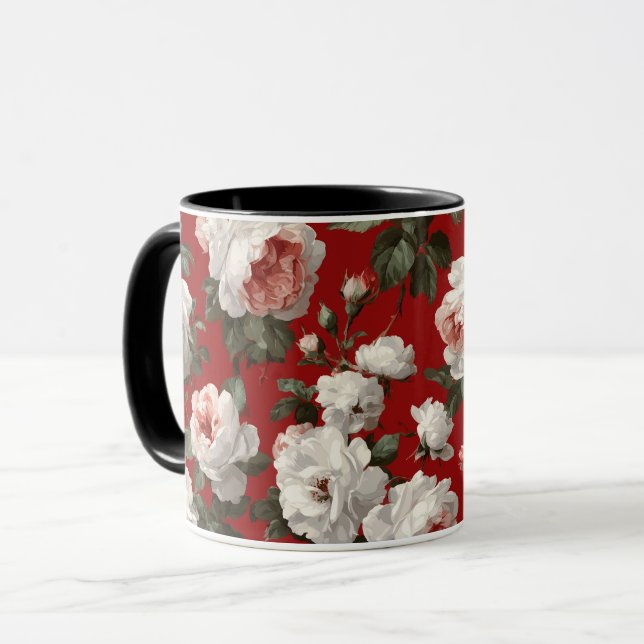 Klassiskt rött ros vitt blommönster mugg (Framsida vänster)