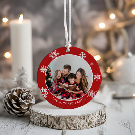 Klassiskt rött snöflinga familjefoto ornament