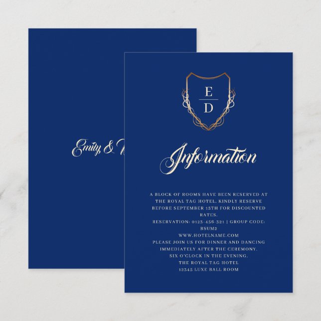 Klassiskt Royal Blue Golden Monogram Luxury Tilläggskort (Fram/baksida)