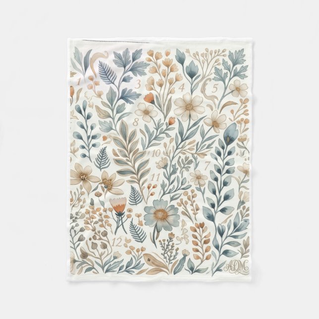 Klassiskt rustikt botaniskt blommönster textil mön fleecefilt (Framsidan)