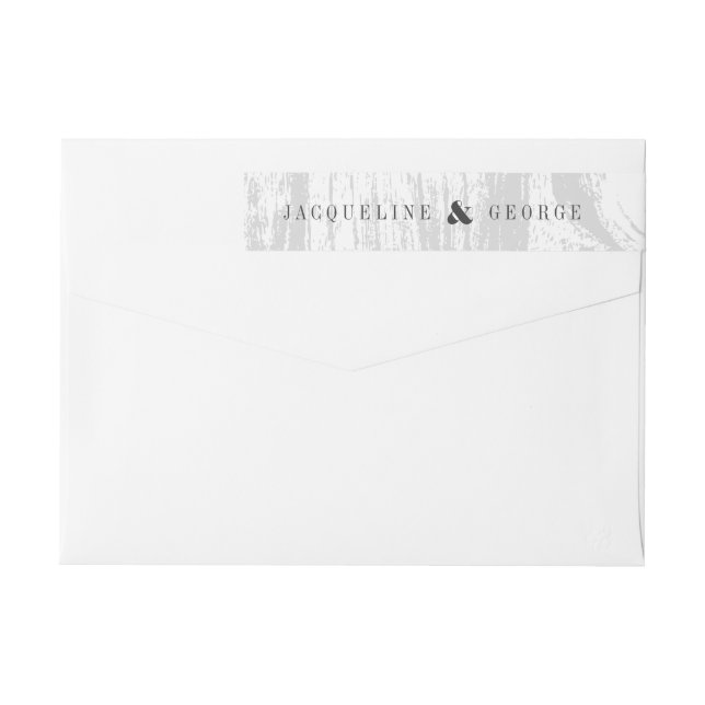 Klassiskt rustikt trästruktur vit vinterbröllop etikettband (Baksidan)