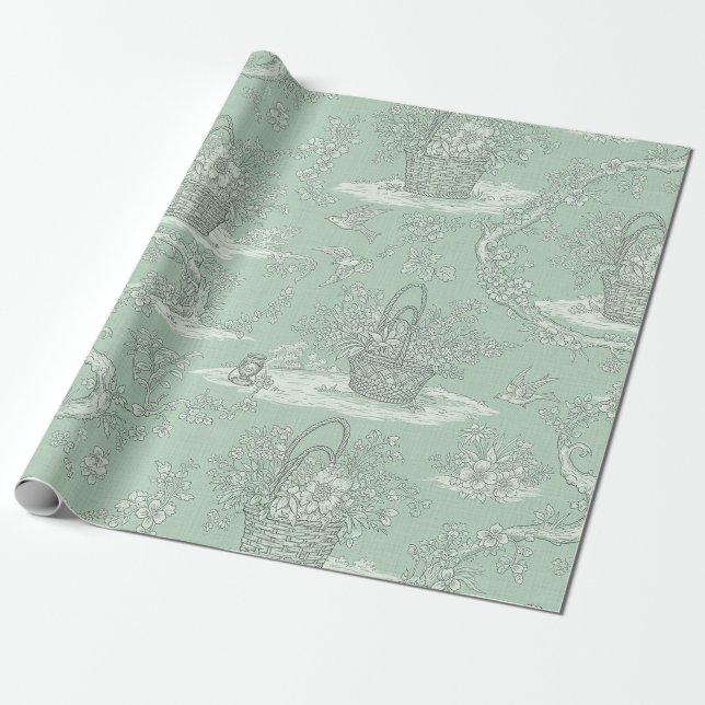 Klassiskt sagegrönt blomsterbukettmönster presentpapper (Utrullad)
