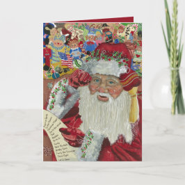 Klassiskt Santa Red på insidan som kontrollerar de Helgkort