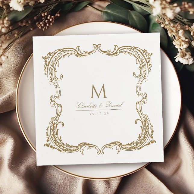 Klassiskt skript Bröllop i Guld Vintage Ram Pappersservett (Gold Vintage Frame Classic Script Wedding Napkins)