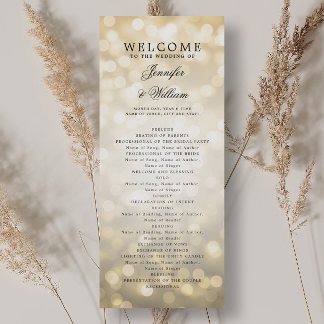 Klassiskt skript Bröllopsprogram Guld Bokeh Ljus Inbjudningar (Classic Script Wedding Program Gold Bokeh Lights)