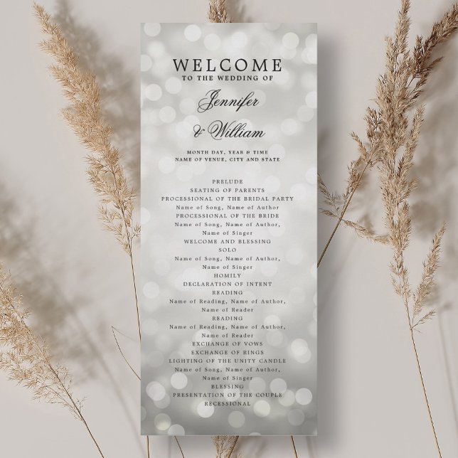 Klassiskt skript Bröllopsprogram Silver Bokeh Ljus Inbjudningar (Classic Script Wedding Program Silver Bokeh Lights)