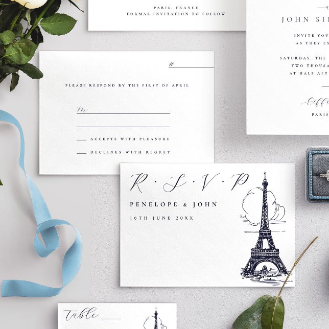 Klassiskt skript Eiffel Torn Illustration Bröllop OSA Kort (Classic Script Eiffel Tower Illustration Wedding RSVP Card)