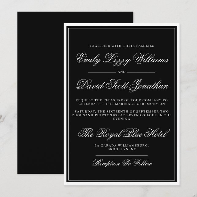 Klassiskt skript för svart Elegant, traditionellt Inbjudningar (Fram/baksida)