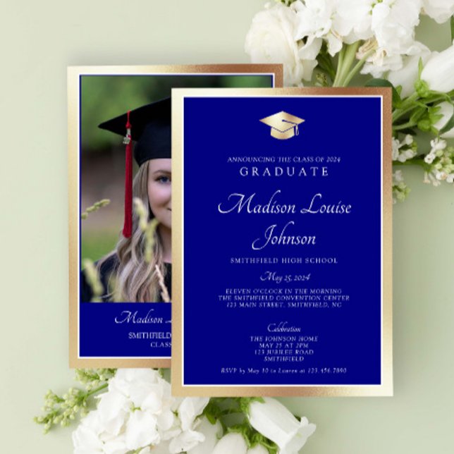 Klassiskt skript, marinblå och Guld-foto-Studenten Inbjudningar (Marking Milestones with Grace. #GradSuccess)