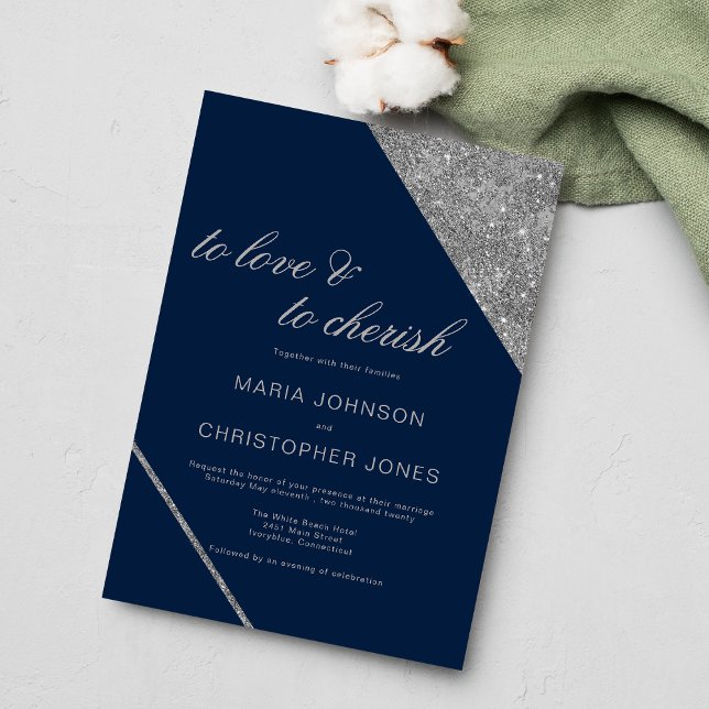 Klassiskt skript silver glitter marinblått bröllop inbjudningar (Classic script silver glitter navy blue wedding )