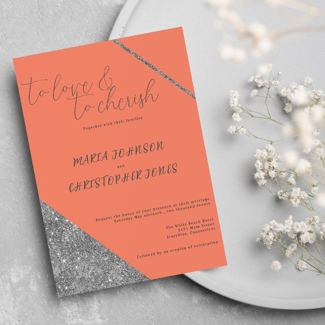 Klassiskt skript silver glitter orange glam bröllo inbjudningar (Classic script silver glitter orange glam Wedding )