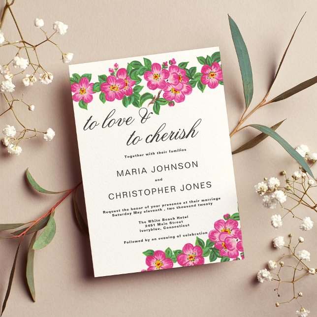 Klassiskt skript, smart rosa grönt blommigt bröllo inbjudningar (Classic script bright pink green floral wedding )