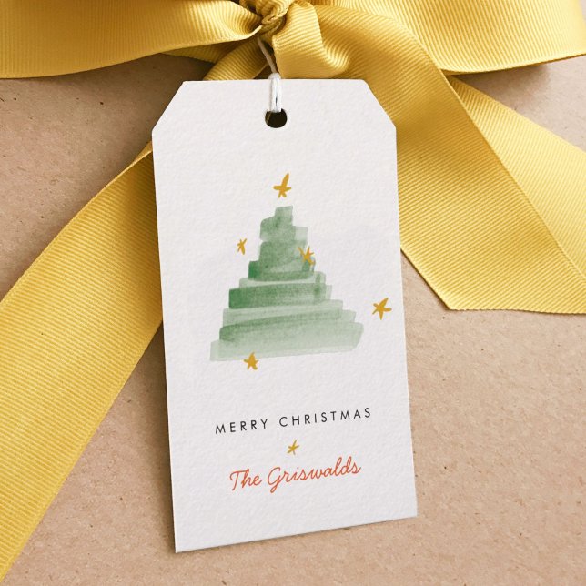 Klassiskt Starlit Watercolor Julgran Presentetikett (Watercolor starlit Christmas tree personalized gift tags.)