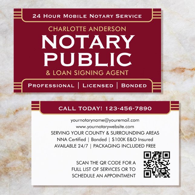 Klassiskt Stil Mobile Notary Public ID Burgundy Visitkort (Skapare uppladdad)