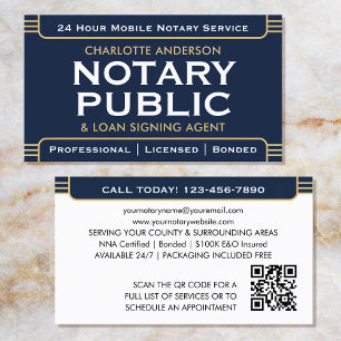 Klassiskt Stil Mobile Notary Public ID Navy Guld Visitkort
