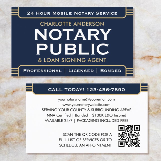 Klassiskt Stil Mobile Notary Public ID Navy Guld Visitkort (Skapare uppladdad)