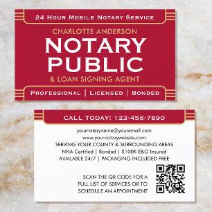 Klassiskt Stil Mobile Notary Public ID Red Guld Visitkort