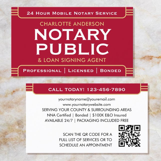 Klassiskt Stil Mobile Notary Public ID Red Guld Visitkort (Skapare uppladdad)