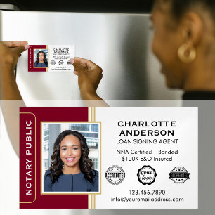 Klassiskt Stil Notary Signing Agent ID Burgundy Magnetiska Visitkort