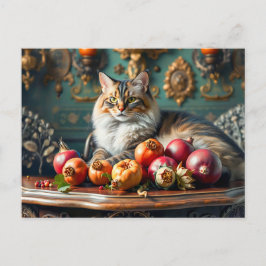 Klassiskt stillliv med katt och frukt vykort
