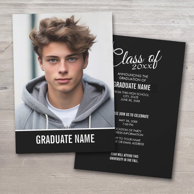 Klassiskt Studenten-fotomeddelande och Party Inbjudningar (Simple Graduation Announcement with large photo on the front and invitation on the back)