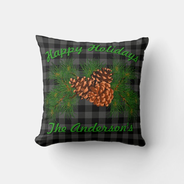 Klassiskt svart grått tartan plaid mönster pinecon kudde (Framsida)