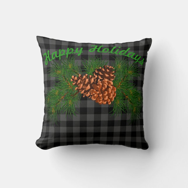 Klassiskt svart grått tartan plaid mönster pinecon kudde (Framsida)