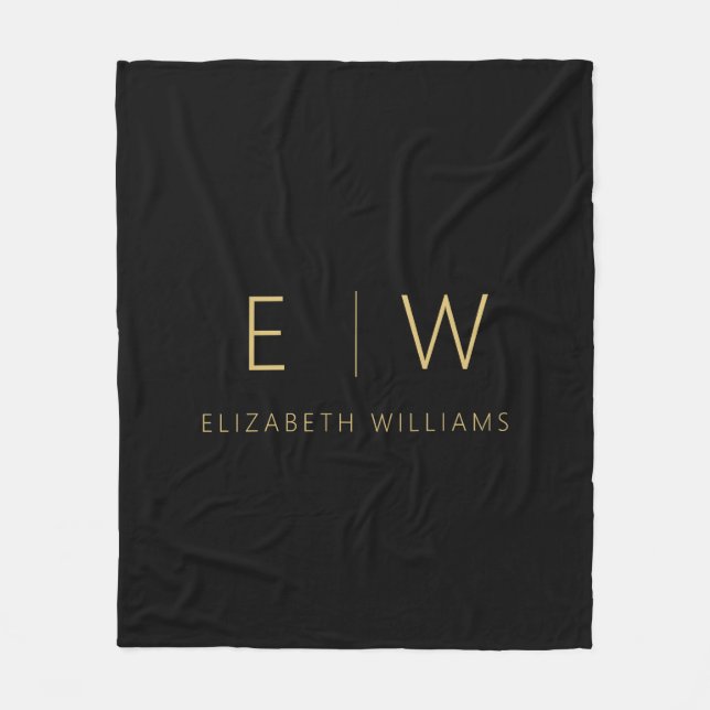 Klassiskt svart Guld minimalistiskt Monogram Namn Fleecefilt (Framsidan)