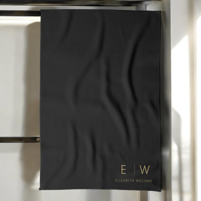 Klassiskt svart Guld minimalistiskt Monogram Namn Kökshandduk (Skapare uppladdad)