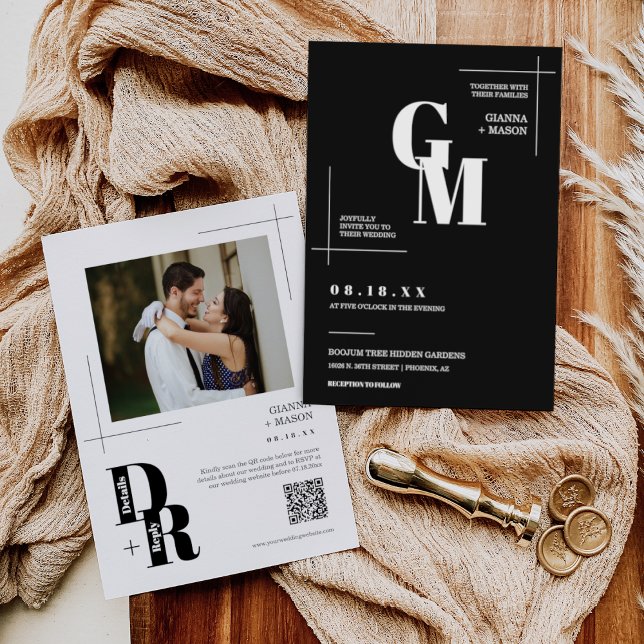 Klassiskt svart, modern, minimal QR-kodfoto för Br Inbjudningar (Skapare uppladdad)