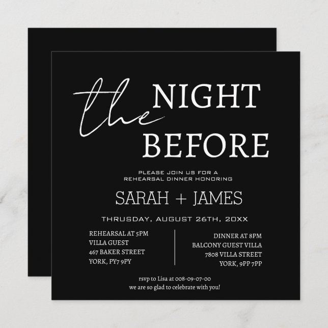 Klassiskt svart natten före repetitionsmiddag inbjudningar (Fram/baksida)