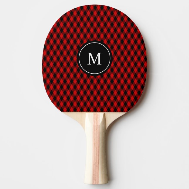 Klassiskt svart och rött diamantmönster & monogram pingisracket (Framsidan)