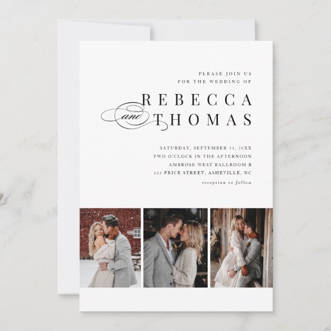 Klassiskt svart och vitt 3 foto Bröllop Inbjudningar (Framsida)