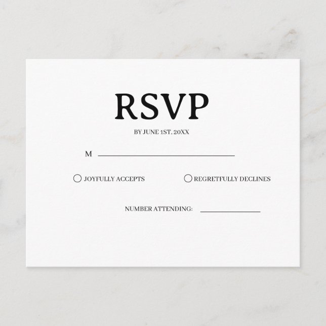 Klassiskt svart och vitt bröllop RSVP-kort Vykort (Framsida)