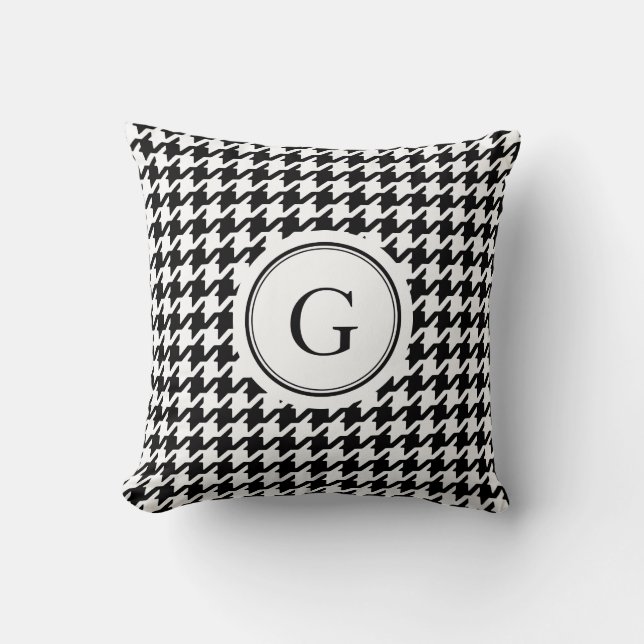 Klassiskt svart och vitt houndstooth monogram kudde (Framsida)