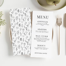 Klassiskt svartvitt bröllop-menykort för blommigt